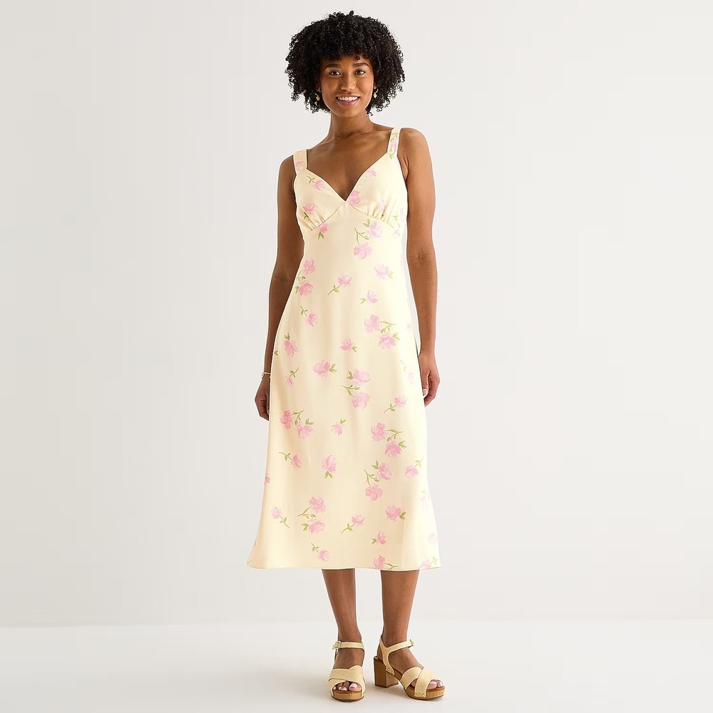 by&by Womens Juniors S Light Yellow Floral Sleeveless Midi Slip Dress